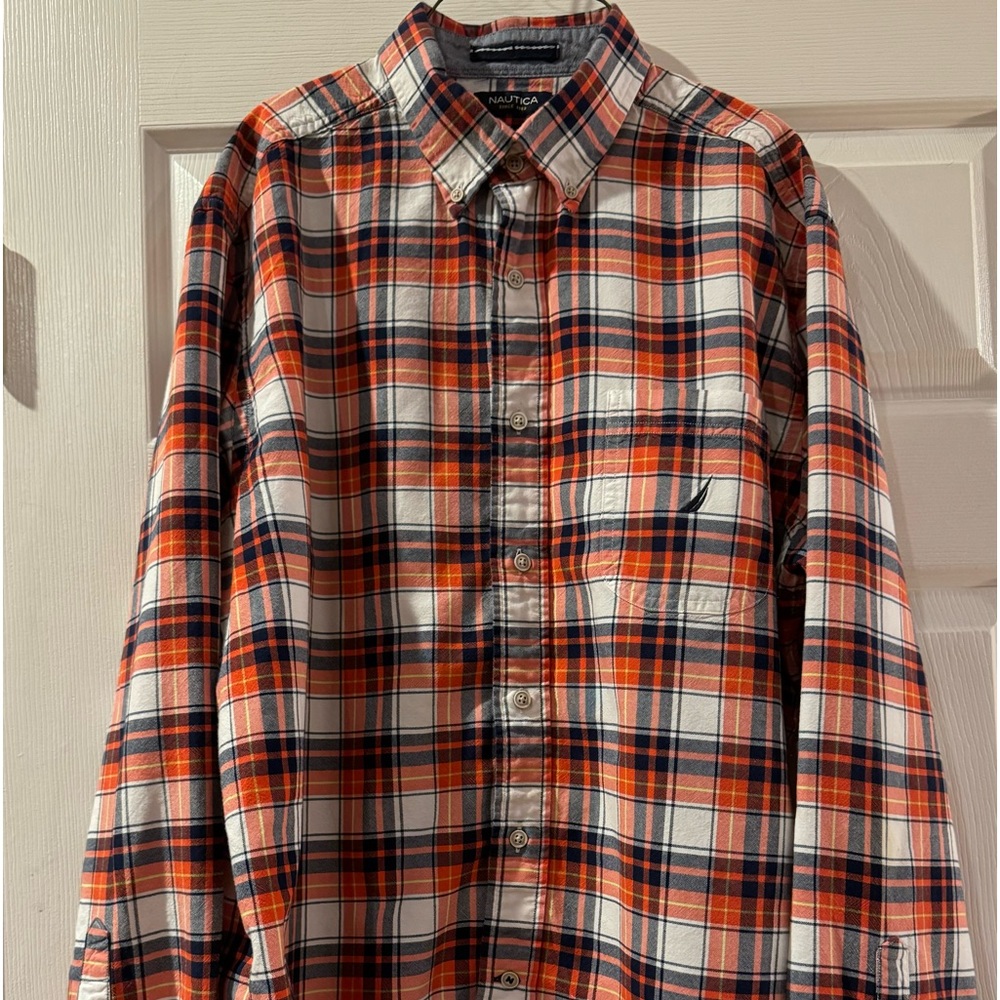 Nautica orange plaid button-down, long sleeve shirt. Size large